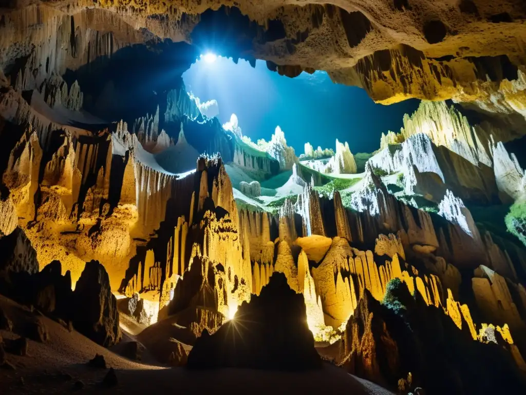 Vista espectacular de las formaciones en las cuevas Škocjan, con estalactitas y estalagmitas iluminadas, reflejándose en un río subterráneo