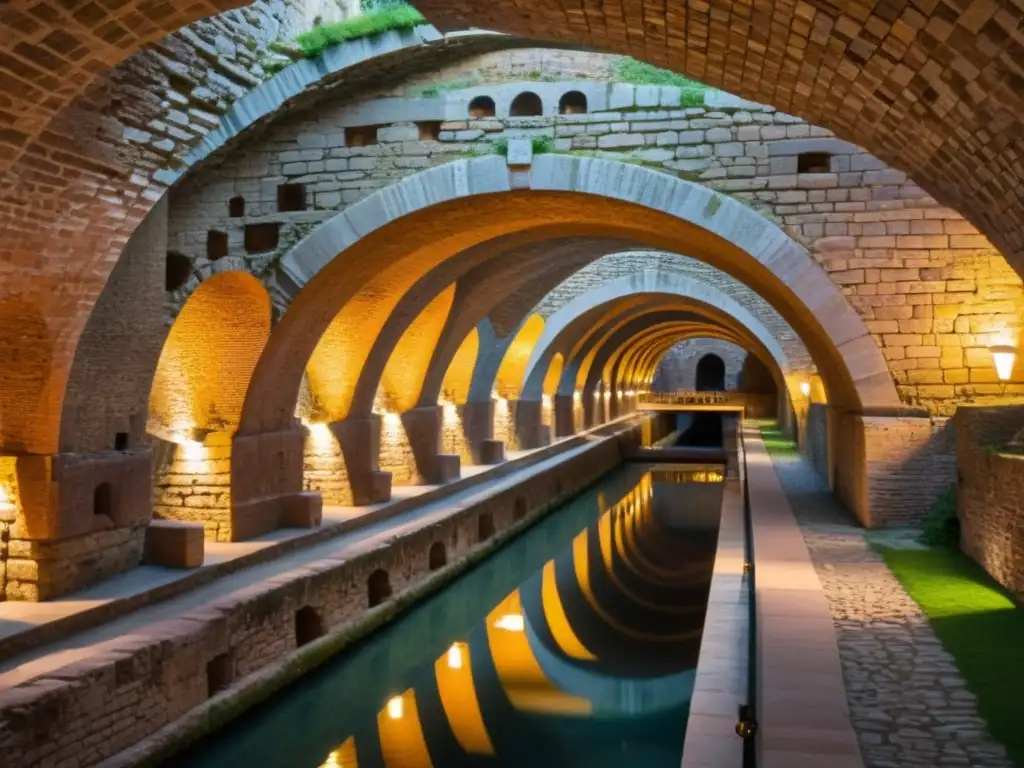 Vista impresionante de antiguos acueductos romanos subterráneos, mostrando la grandiosidad y la belleza de la construcción de estructuras subterráneas históricas