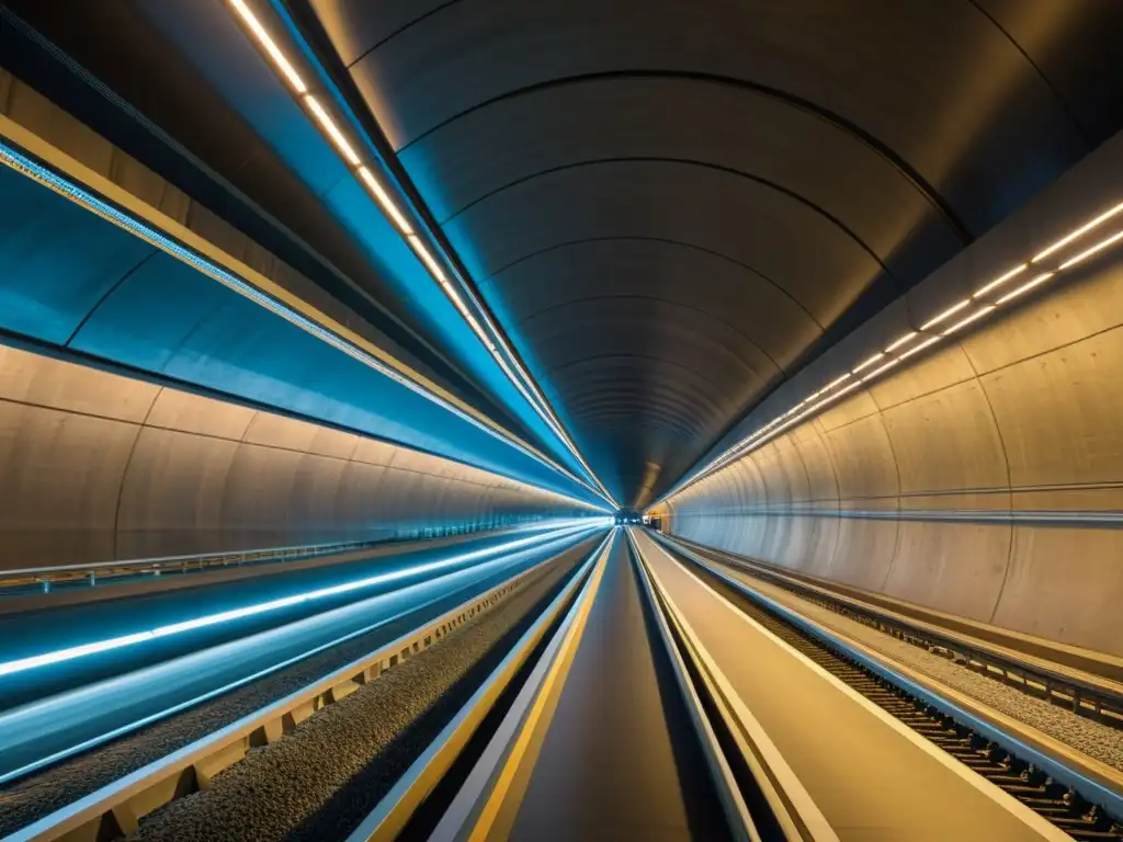 Vista impresionante del interior iluminado y tecnológico del Túnel de Base del Brennero en Italia, mostrando la expansión del TAV en Italia