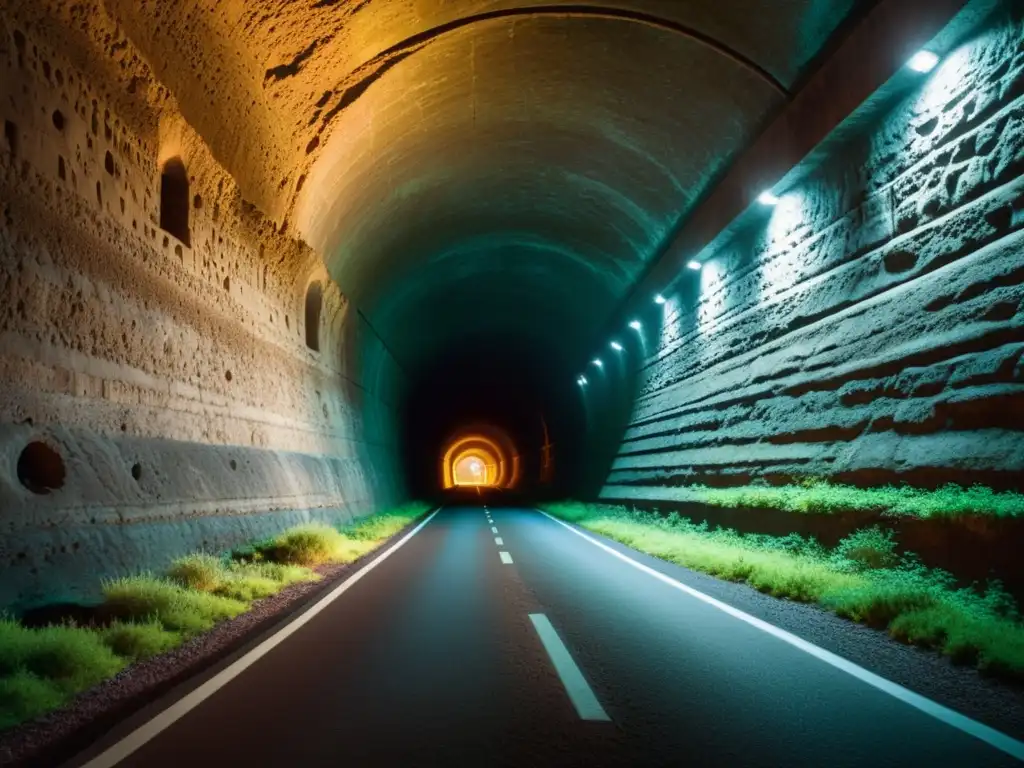 Una vista impresionante de un túnel histórico, iluminado con fotografía infrarroja, revelando detalles ocultos