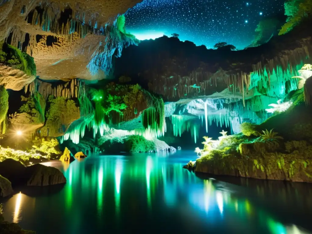 Vista nocturna de las Cuevas Waitomo con luz de luciérnagas, creando un ambiente mágico y misterioso en el interior de la cueva