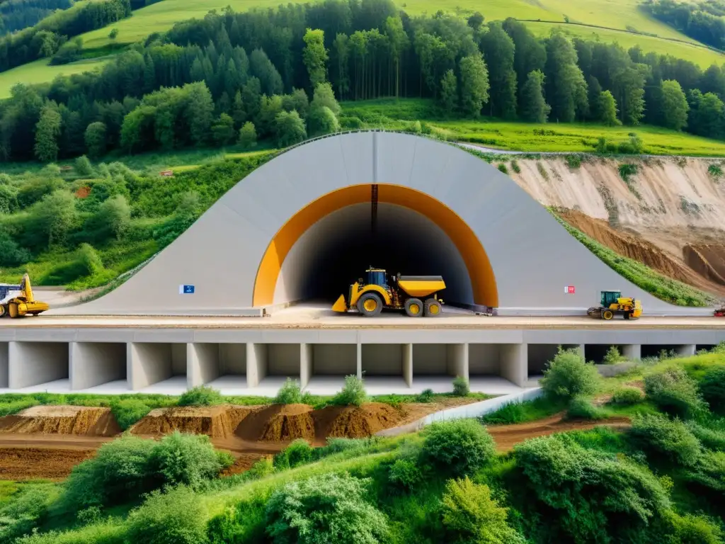 Vista panorámica de la construcción de un túnel en un paisaje natural, destacando la evaluación de impacto ambiental en túneles