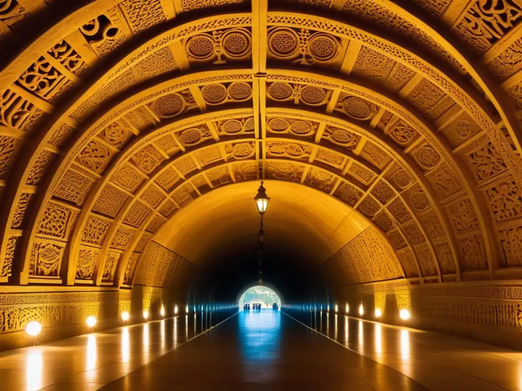 Una vista panorámica de un intrincado túnel subterráneo iluminado por suave luz dorada, con símbolos antiguos y escenas religiosas