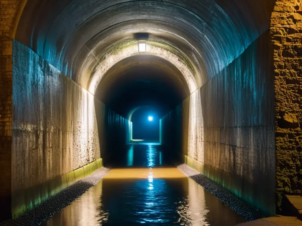 Representación visual túneles arte cinematográfico: Un túnel misterioso y sombrío se extiende hacia el infinito, evocando intriga y claustrofobia